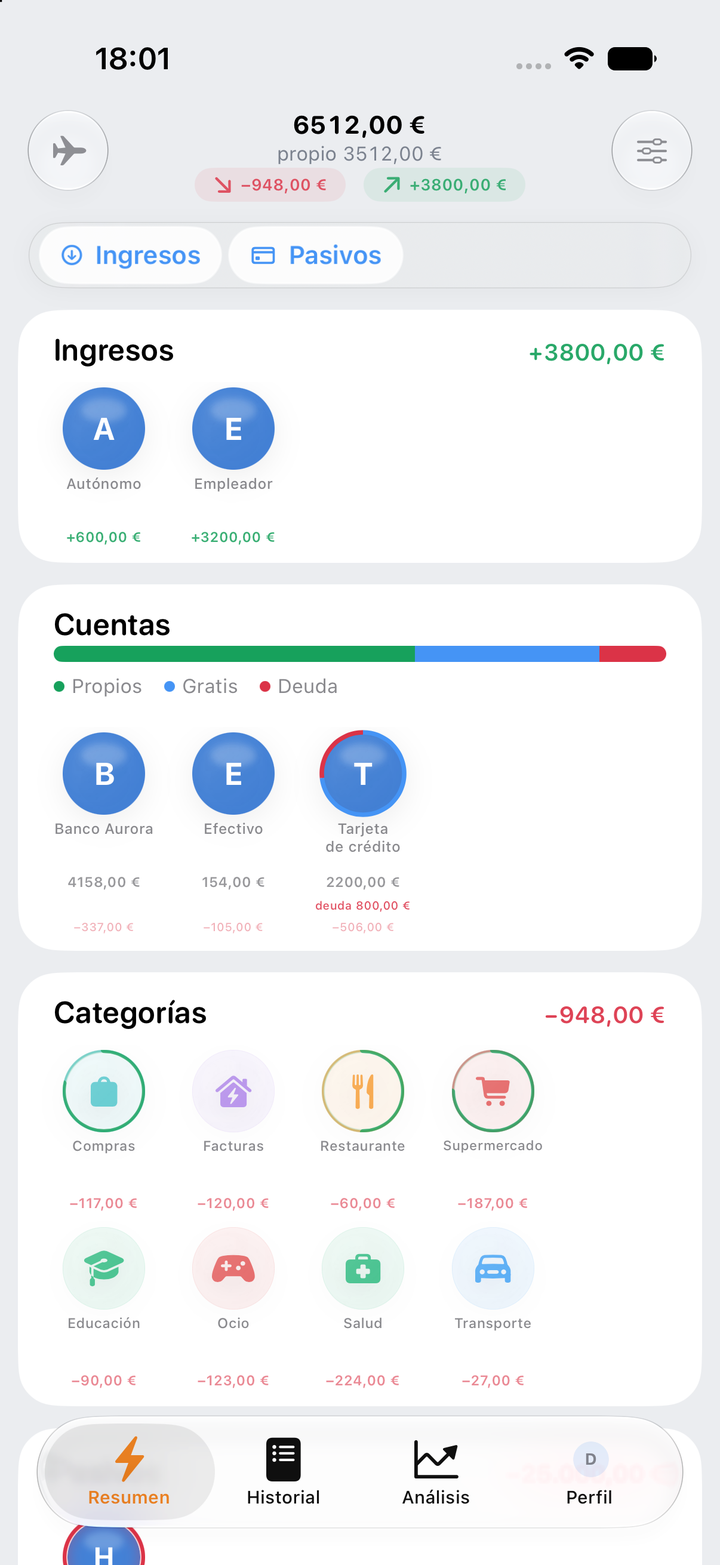 Resumen de Fevault con ingresos, cuentas y categorías