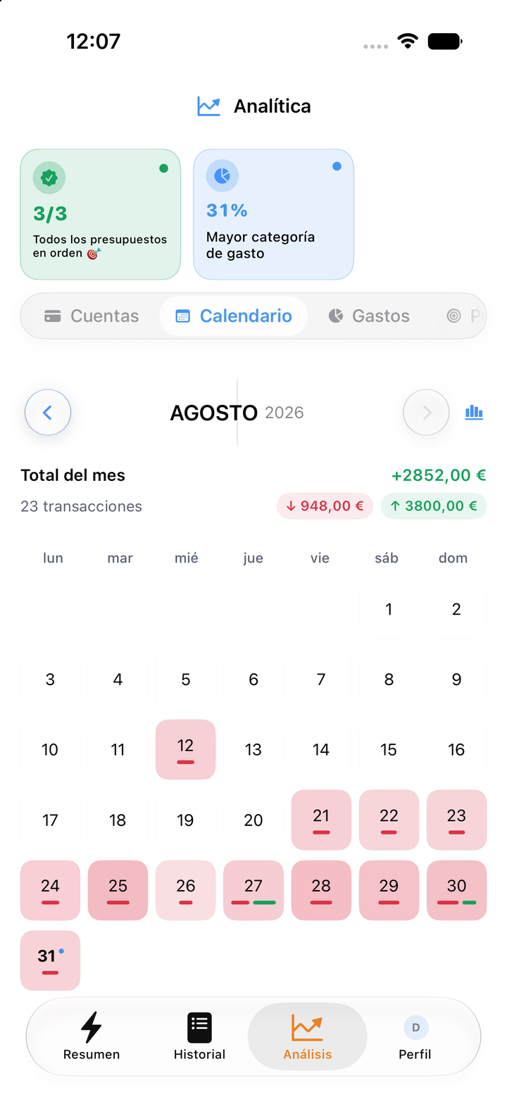 Calendario de gastos por mes y año